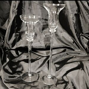 Vintage Pair of Clear Glass, Twisted Stem Taper Candlestick Holders